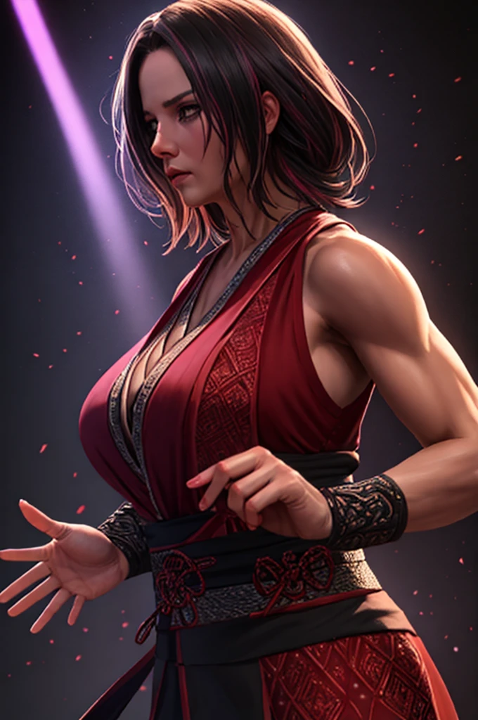 A mature woman ninja with large breasts, athletic physique, detailed facial features, intricate ninja outfit, dramatic lighting, cinematic camera angle, hyperrealistic, 8k, photorealistic, hyper detailed, vibrant colors, dramatic shadows and highlights