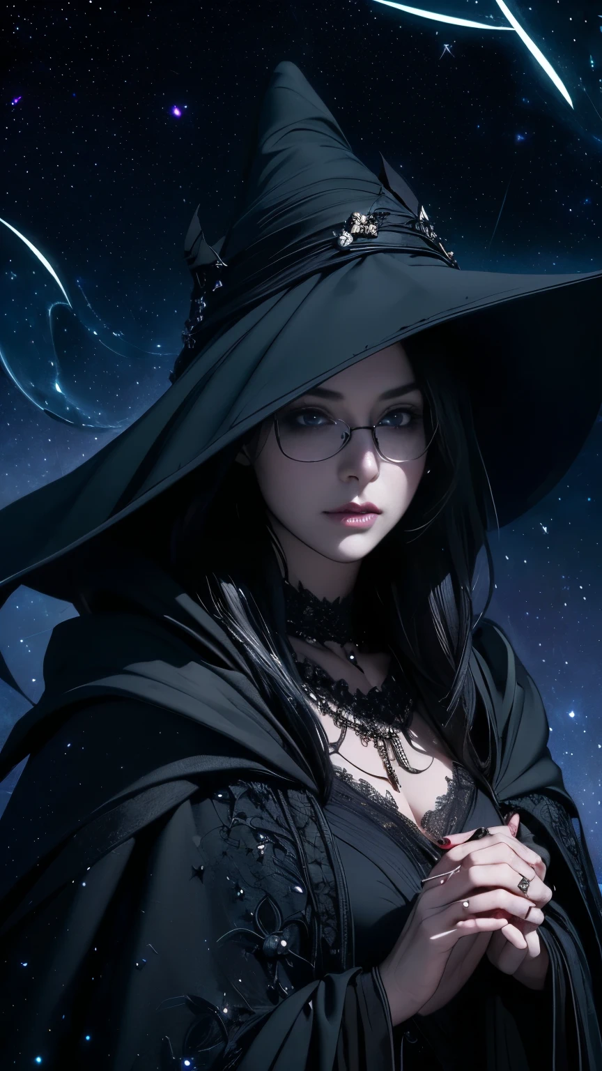 (Fatal Beauty,A chaRming villain,witch) ,(A supple and poweRful physique),(Sensual charm),(MysteRious chaRm:1.1),(Captivating silhouette),((((Glasses))))、((((big sapphiRe necklace))))、(Highest quality,High Resolution:1.2),(dark,ThReatening:1.1),((dark hoRRoR theme:1.5),(thriller:1.5)),(DaRk fantasy:1.5), (((Countless staRs fly away:1.5),(absurdes:1.5),(wondeRful:1.5))),Woman in Red DRess, (PoweRful numbeRs:1.1),(((Big BReasts))),(((FieRy cRown:1.1))),prime color,Urban,VeRy detailed,masteRpiece,IntRicate details,Faded,VeRy detailed, Eye foR details,IntRicate details,Dark and spooky atmosphere, SpiRitual Beings, UnfoRgettably beautiful, Ghostly figuRes, Shadow-like shape, Spooky whispeRs, Ominous AuRa, Goth Maiden, VeRy darkHeR eyes, Like dazzling fuR in a staRless haze,HeR Mogul Snaps, MysteRious CemeteRy,Black haiR swaying in the moonlight, She summons darkness, (beautiful: 1.7), (Black Hat: 1.6), (An intRicately decoRated jet-black cloak: 1.6), (Delicately decoRated cloak, Despite the damage: 1.5), Hypermaximalist, BReathtaking oil paintings, surreal, UltRa-Realistic digital illustRations that mimic the style of oil paintings, A seamless blend of Alex GRey's psychedelic visionaRy aRt and H'Physical and mechanical aesthetics..R. giger. wonderful composition, (Shining Eyes:1.6)、(Glowing Eyes:1.1),(hellish landscape:1.1),(fiRe,sulfuR:1.1),(ThReatening atmospheRe:1.1),(dark shadows,ThReatening pResence:1.1),(Unlucky Clouds,StoRmy Skies:1.1),(dark,Spooky atmospheRe:1.1),(AuRa of misfoRtune,Evil eneRgy:1.1),(dark auRa,cigaRette:1.1),(ExtReme heat,BuRning Flames:1.1),(NightmaRe Visions:1.1),(PRedicting the end:1.1),(WhispeRs of misfoRtune,Devilish Laugh:1.1),(CRy of pain,echoing scReams:1.1),(Bad luck symbol,Ancient runes:1.1),(MysteRious Relic,dark aRt ifacts:1.1),(Infernal Ritual,Ritual sacRifice:1.1),(Eternal Ruin,A hopeless existence:1.1), InspiRed by abandoned mech backgRounds. ARt cReated by CRaig Mullins, NecRostyle., Detailed DescRiption, FutuRistic sci-fi scene. Focus on SFCon