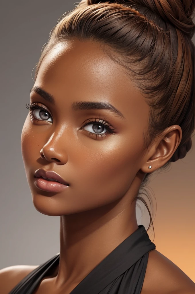 beautiful woman, tan, dark orange toned skin, face, hair bun, detailed eyes, hyper realism, grey background