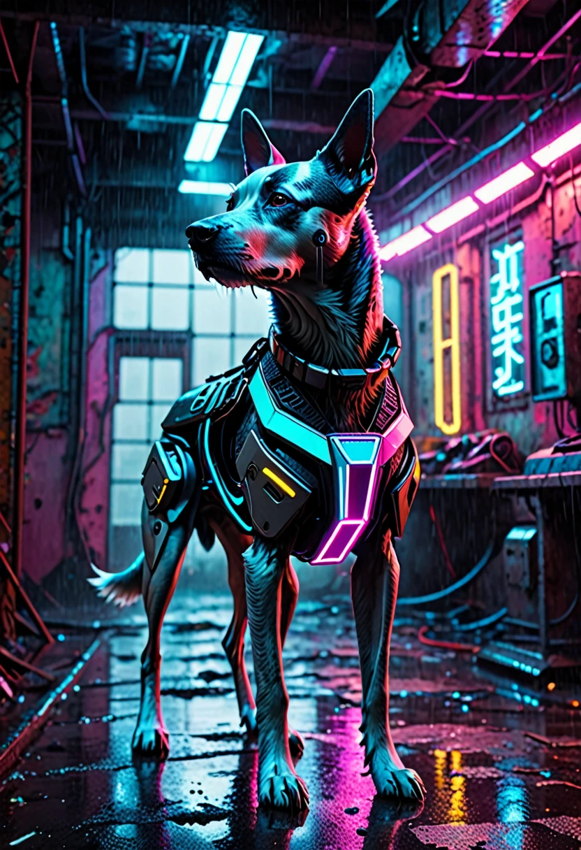 a cyberpunk futuristic dog in an abandoned building, rainy weather, neon lights and steam, detailed futuristic outfit, hyper realistic, 8k, photorealistic, cinematic lighting, moody atmosphere, muted color palette, intricate details, depth of field, dynamic camera angle