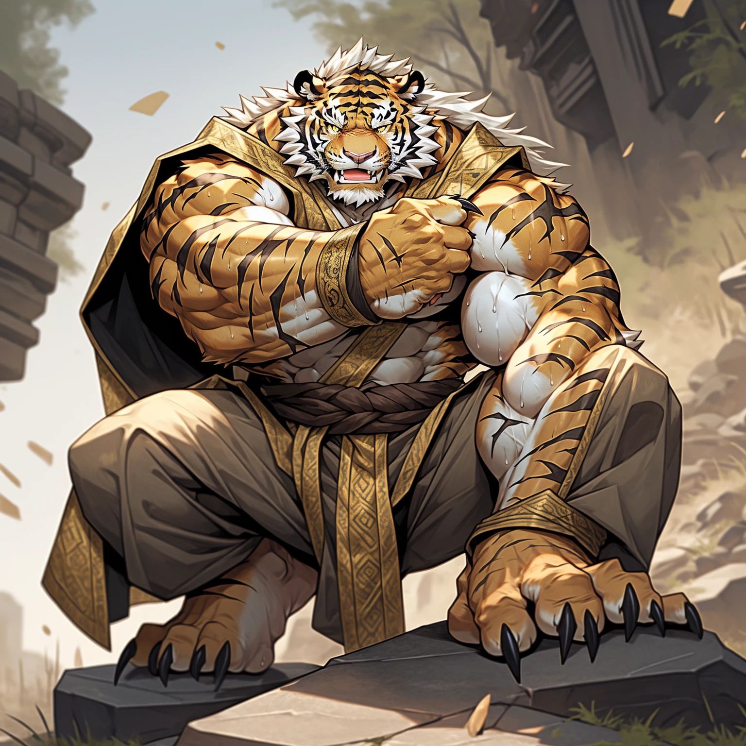 White hair on the back，金色tiger纹，白色皮毛老tiger，Strong body，Wearing imperial robes，Wearing fancy clothes，tiger, Detailed fan art，anger，Looking into the distance on the stone，pant，Sweat，White Teeth，is heavily injured，He has scars on his face.，feet focus background battlefield general feet focus，Strong claws