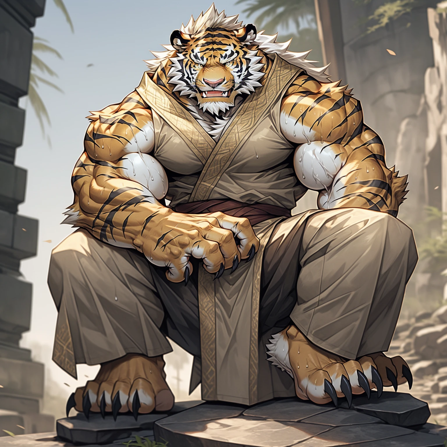 White hair on the back，金色tiger纹，白色皮毛老tiger，Strong body，Wearing imperial robes，Wearing fancy clothes，tiger, Detailed fan art，anger，Looking into the distance on the stone，pant，Sweat，White Teeth，is heavily injured，He has scars on his face.，feet focus background battlefield general feet focus，Strong claws