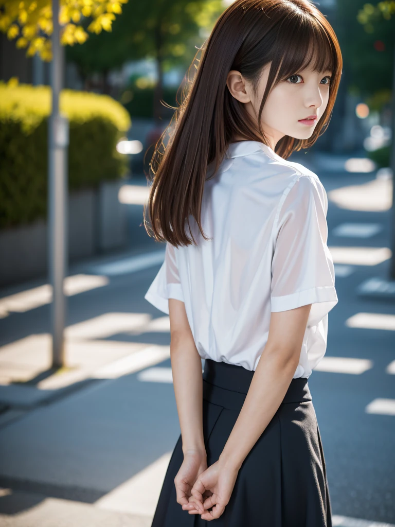 Put your hands behind your back、Put your wrists together、Wrap a rope around your wrist three times、shibari、Beauty、20-year-old、university student、Well-balanced proportions、Small face、Wear a short-sleeved blouse、Wearing a skirt、Anatomically correct body、The whole body is visible、, light brown hair, hair over shoulder, parted bangs, straight hair, symbol-shaped pupils, parted lips, horrified, short hair, expressive hair, shiny hair, Surrealism, Verism, cinematic lighting, depth of field, first-person view, from behind, f/1.2, Nikon, tachi-e, UHD, high quality, best quality, highres, 8k