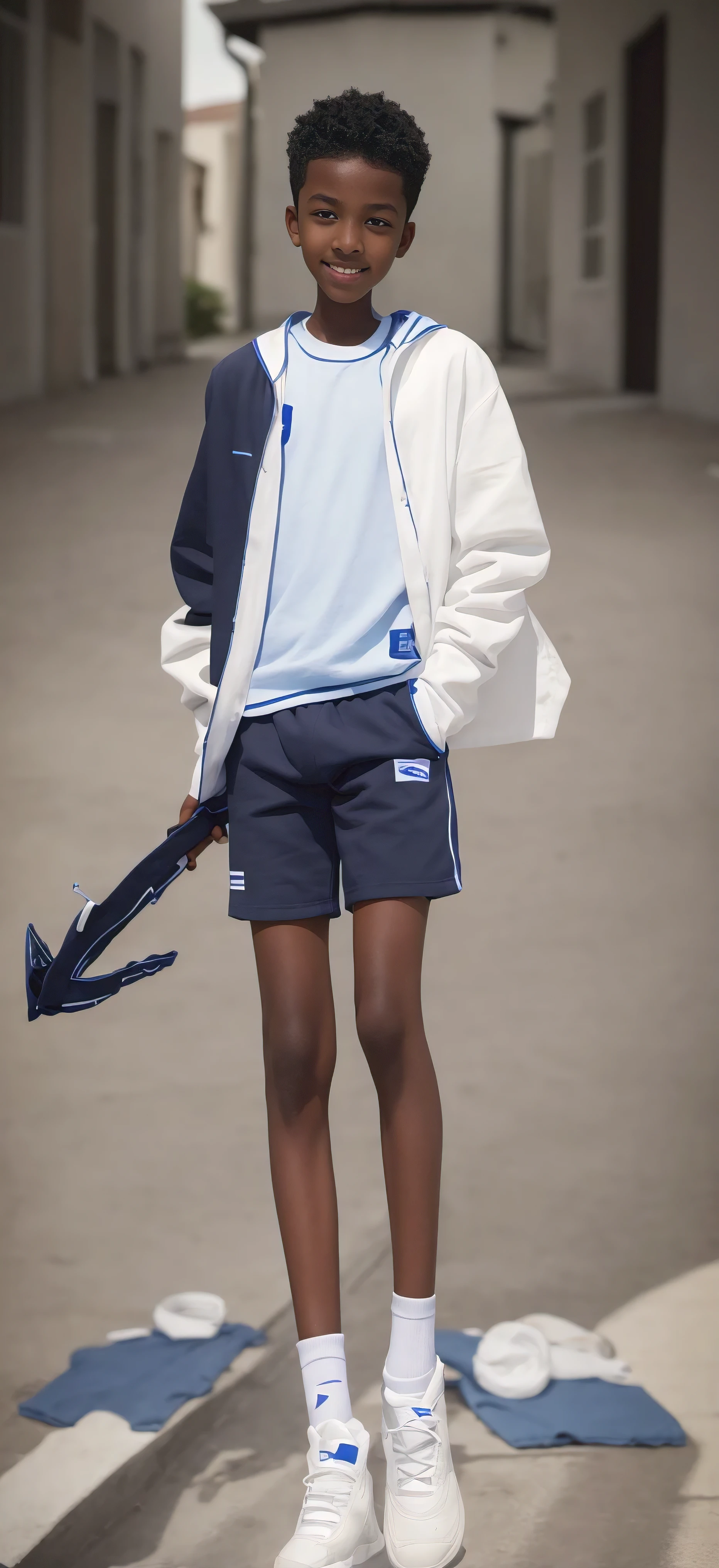 14 year old boy,(Wearing a white coat,Blue T-shirt underwear,Black socks on feet),Dark skin,Big round eyes,Very short hair,Toothy Smile