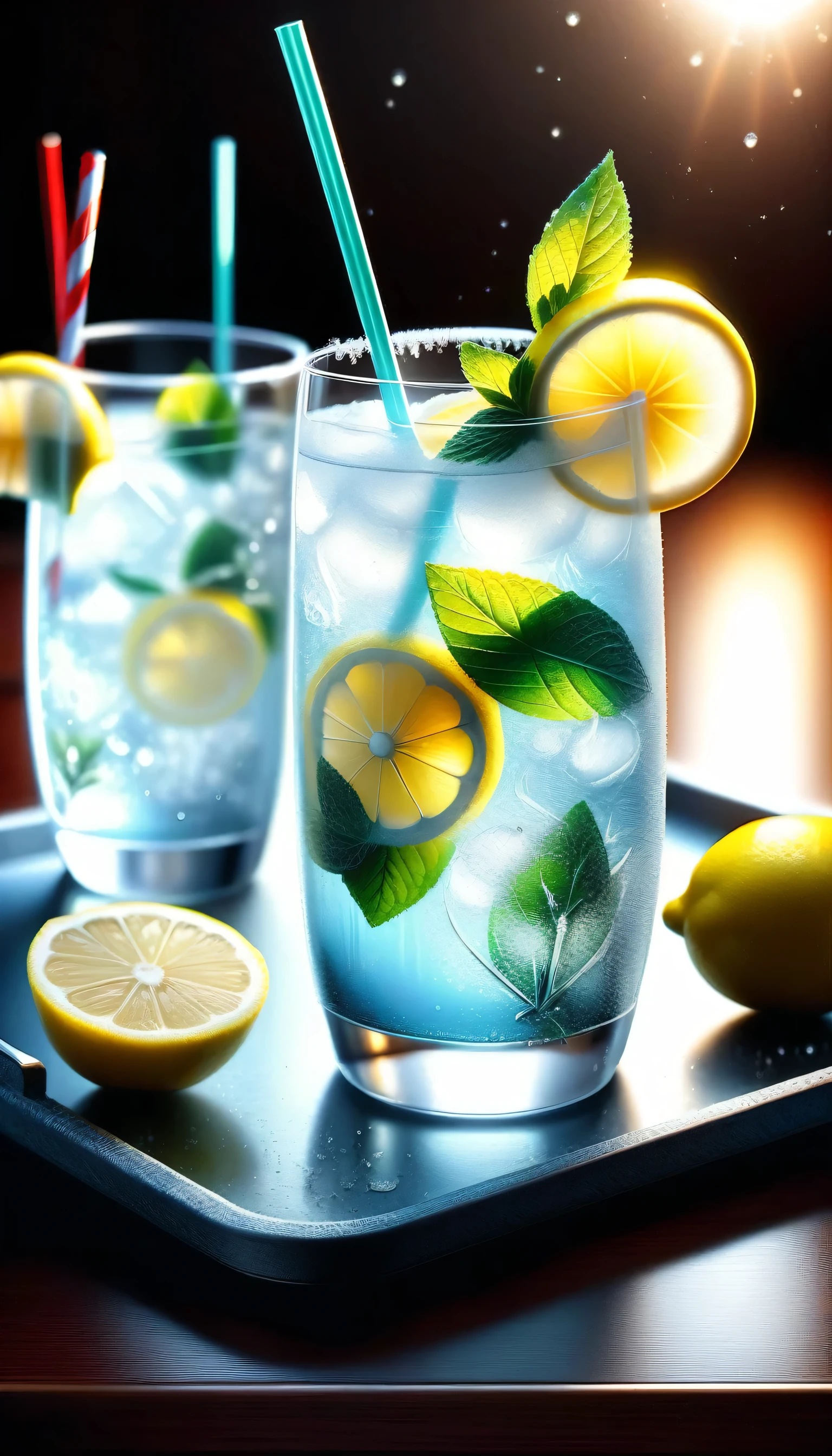 Frost Style, A glass of lemon juice 0 Blue 0 Chilled effect 0 On a wooden tray 0 Two lemons and mint leaves 0 Next to green and red straws 0 Ultra realistic food Carbonated water