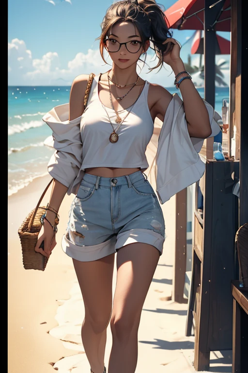 Highest quality、masterpiece、High sensitivity、High resolution、Detailed Description、Slender women、Glasses、Summer clothes、Running on the beach、