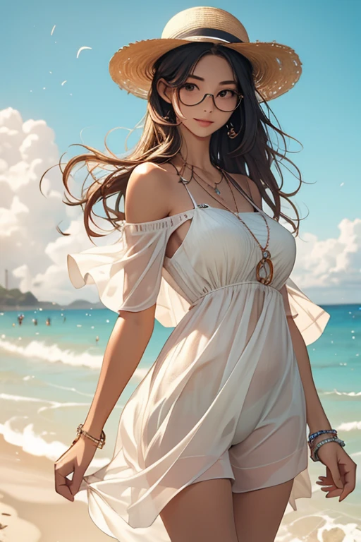 Highest quality、masterpiece、High sensitivity、High resolution、Detailed Description、Slender women、Glasses、Summer clothes、Running on the beach、