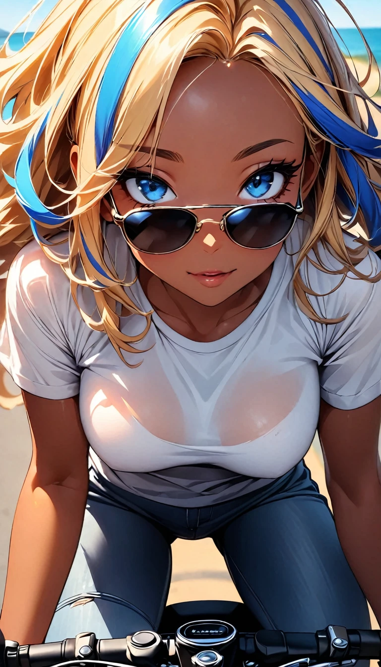 (highest quality:1.2, Very detailed, up to date, Vibrant, Ultra-high resolution, High Contrast, masterpiece:1.2, highest quality, Best aesthetics), Portraiture、girl、slim, Bright colors、Beautiful fine details、Beautiful lip detail、long hair, ((wavy hair:0.4))、messy hair, blonde and blue ((streaked hair:1.3)), highlights hair: 1.3, (medium breast:1), (tan skin:1.3), ((riding a motorcycle along a seaside road in summer:1)), t-shirt, jeans short pants, riding boots, (wearing sunglasses:1.5),