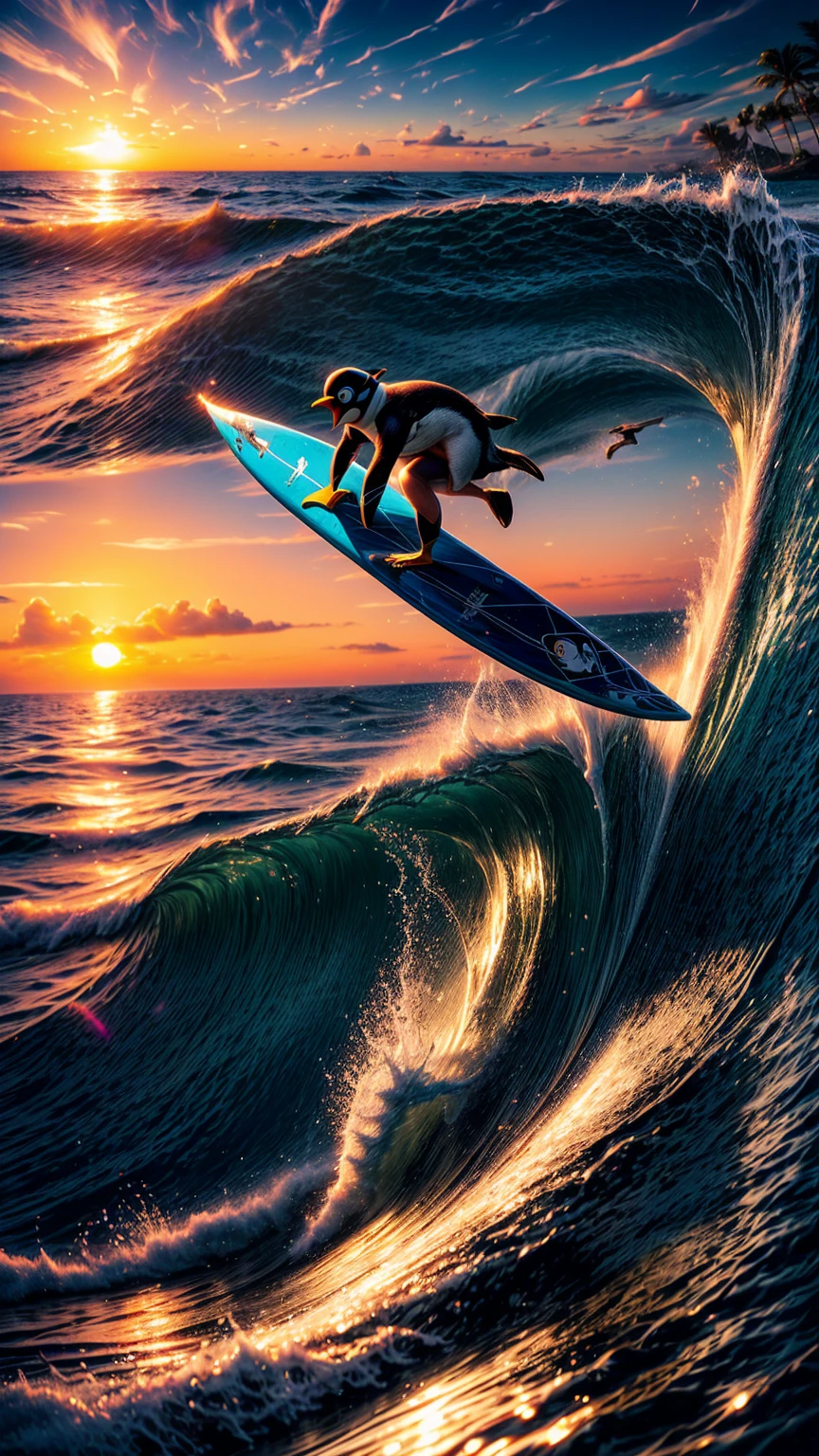 a surfing penguin, surreal, whimsical, adorable, penguin riding a surfboard, penguin with sunglasses, penguin in the ocean, crashing waves, aqua blue water, tropical beach, palm trees in the background, dynamic motion, humorous, playful, fantasy, digital art, highly detailed, 8k, photorealistic, vibrant colors, cinematic lighting, beautiful sunset sky, golden hour lighting