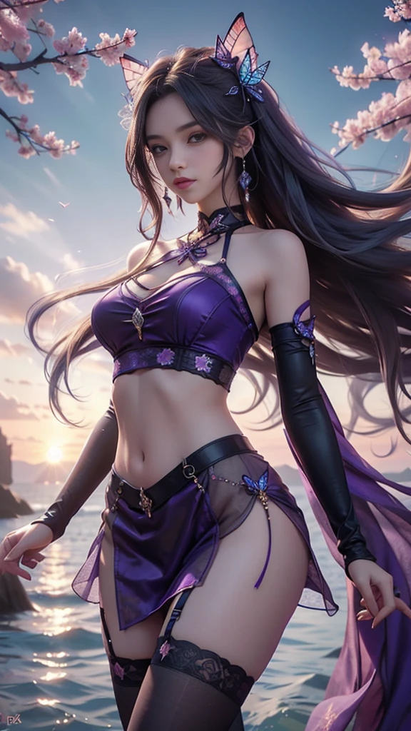 8K, ultra hd, masterpiece, hd colors, 1 girl, perfect face, very long curly hair, detailed eyes, simple clothing, ((purple clothing)), stocking, cryzada lace, sardine, straps, net clothing, loops, bare navel, jwellery, waterside, Realistic scenery, epic scenery, sun rising, evening, clouds, Butterfly, cherry blossom, blowing wind, perfect pose,