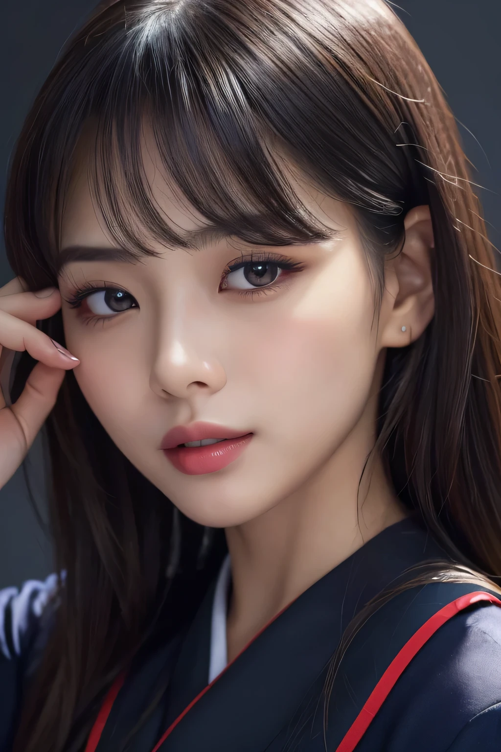 8k, Highest quality, 1peopleの女の子, (Skin Dentition), night, (dark), Clear background indoors, (people々), Beautiful Bangs, nice,, (Clothing and uniforms:1.3),Soft lighting, Charm, dark Room, (Mouth closed:1.2, Beautiful Eyes, Detailed eyes, Detailed Iris, Beautiful Lips, Beautiful Nose, Beautiful Face),(primary color:1.5)