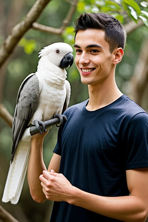 A young cute handsome skinny if tall shirt with cockatoo feeding him