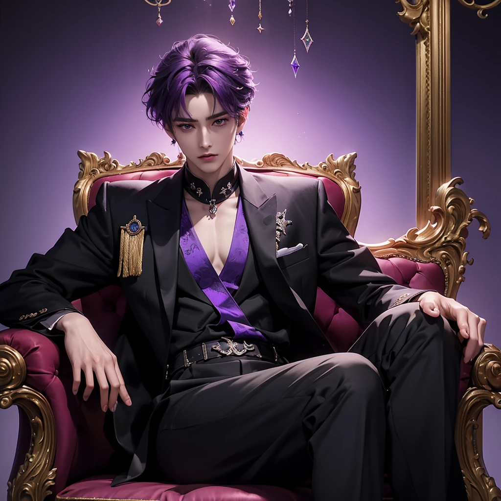 purple hair, there is a man sitting on a throne cross legs in a castle, sakimichan, cai xukun, inspired by Zhang Han, handsome anime pose, sakimichan frank franzzeta, delicate androgynous prince, beautiful androgynous prince, inspired by Yanjun Cheng, anime handsome man, (sfw) safe for work, black suit