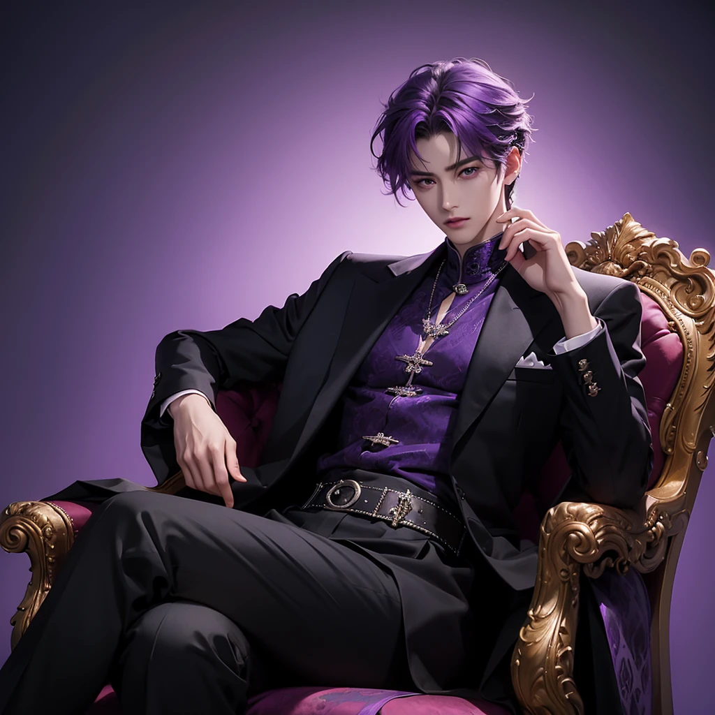 purple hair, there is a man sitting on a throne cross legs in a castle, sakimichan, cai xukun, inspired by Zhang Han, handsome anime pose, sakimichan frank franzzeta, delicate androgynous prince, beautiful androgynous prince, inspired by Yanjun Cheng, anime handsome man, (sfw) safe for work, black suit