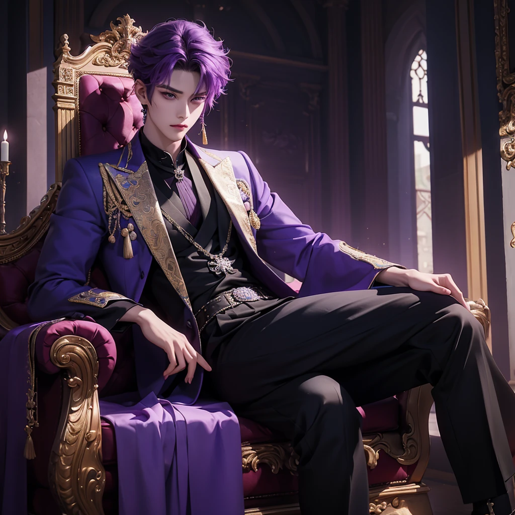 purple hair, there is a man sitting on a throne cross legs in a castle, sakimichan, cai xukun, inspired by Zhang Han, handsome anime pose, sakimichan frank franzzeta, delicate androgynous prince, beautiful androgynous prince, inspired by Yanjun Cheng, anime handsome man, (sfw) safe for work, black suit