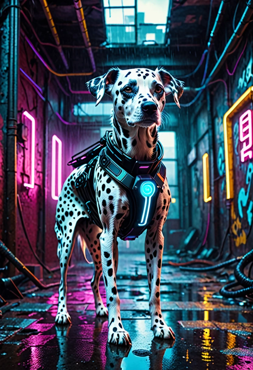 a cyberpunk futuristic dog dalmata in an abandoned building, centro, rainy weather, neon lights and steam, detailed futuristic outfit, hyper realistic, 8k, photorealistic, cinematic lighting, moody atmosphere, muted color palette, intricate details, depth of field, dynamic camera angle