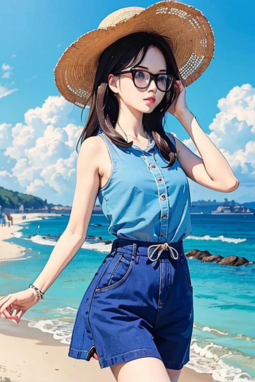 Highest quality、masterpiece、High sensitivity、High resolution、Detailed Description、Slender women、Glasses、Summer clothes、Running on the beach、