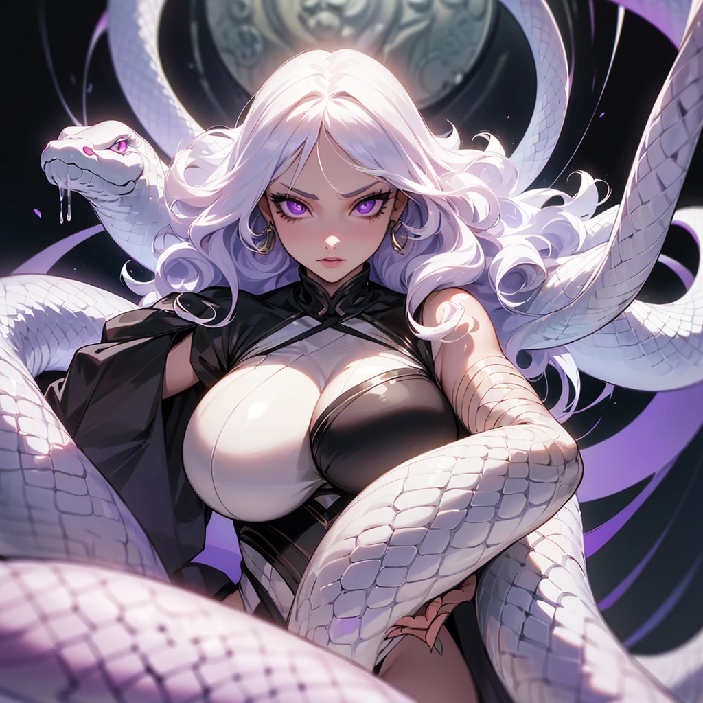 ((ultra quality)), ((masterpiece)), ((gorgon woman)), ((long white curly hair)), ((White hair)), ((White hair)), ((curly hair)), (beautiful face), (beautiful female lips), charming, ((threatening facial expression)), looks at the camera with a slight smile, (White skin color), (White skin), glow on the body, ((detailed eyes)), ((violet eyes)), (juicy female lips), (dark eyeliner), (beautiful female hands), ((thick body)), ideal female body, beautiful waist, beautiful big hips, big breasts, thick thighs, ((Subtle and beautiful)), ((With a huge white snake around)) ((huge snake)), (), ((depth of field)), ((high quality clear image)), (delete details), ((High detail)), ((clear focus))