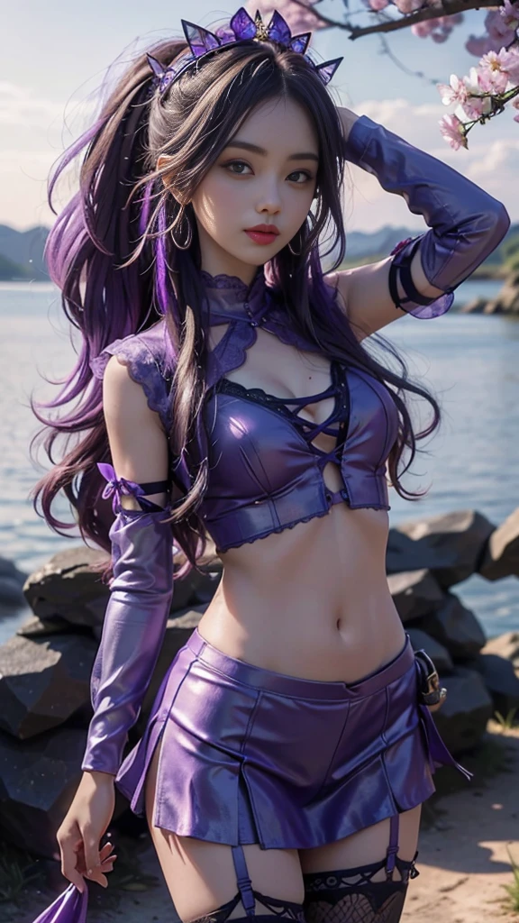8K, ultra hd, masterpiece, hd colors, 1 girl, perfect face, very long curly hair, detailed eyes, simple clothing, ((purple clothing)), stocking, cryzada lace, sardine, straps, net clothing, loops, bare navel, jwellery, waterside, Realistic scenery, epic scenery, sun rising, evening, clouds, Butterfly, cherry blossom, blowing wind, perfect pose,