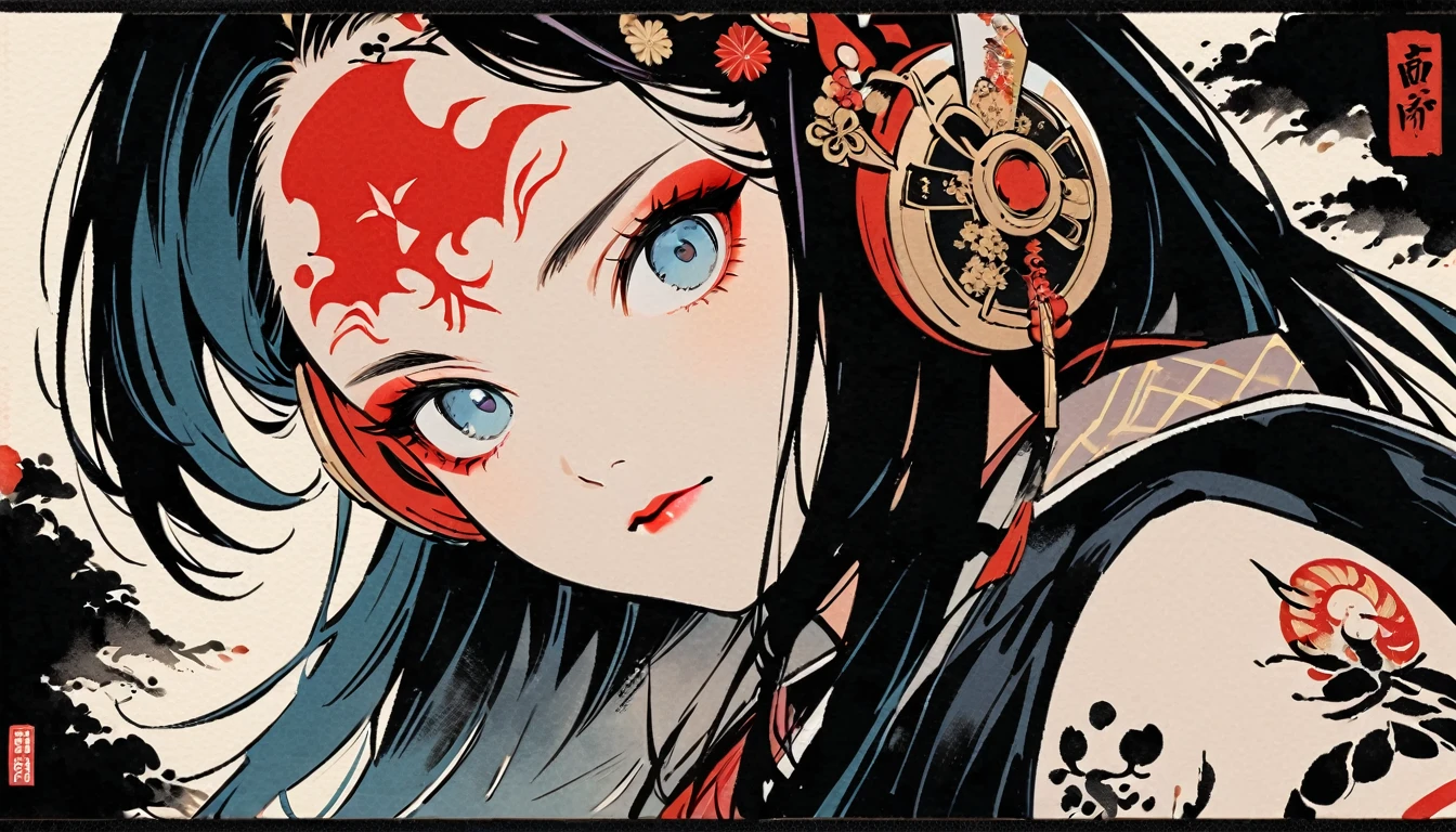 (((Ink Painting))), (((from below))), portrait color photos, (((1 girl))), (((Tattoo in the center of the forehead))), (((Very flashy hair accessories))), (((Very flashy makeup))), Japanese style headphones, devil, face close-up, Japan人の美少女, Black Hair, Delicate and precise, Modern ukiyo-e style,Japan, Japanese flag