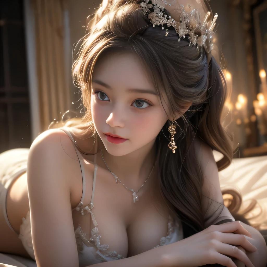 (surreal), (High resolution), (8k), (Very detailed), (Highest), (Highest quality), (Ultra-detailed), (masterpiece), (wallpaper), (Detailed face), (Beautiful smile)、(Beautiful expression)、独奏、((Big Breasts))、（Highly revealing）gravure model、Anguish Pose、Sexy look seducing a man, Looking into the camera、((Glamorous Body))、girl，比基尼，Large Breasts，((Lying down))，