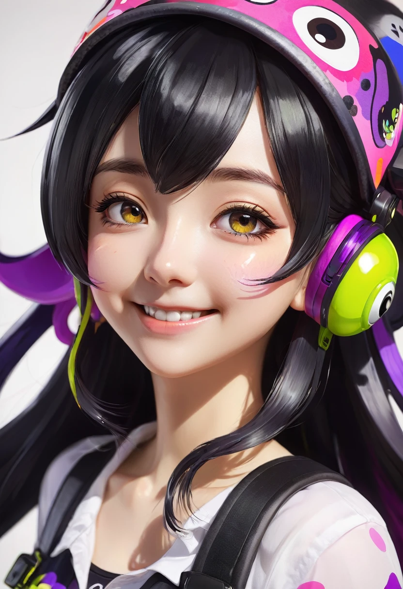 masterpiece, Highest quality, Very detailed, Beautiful Shadows, anime、Situation Portrait、((splatoon girl))、Golden Eyes、blush、Smile with your mouth slightly open、cute, cute, oxgirl, ox'ear, spot, cute pastel colors, spot on ears in pastel pink, Pastel blue rainbow hair, Hair Highlights, Maid Dream Maid, ((Japan Made Cafe Costume)), Adorable, Mature Woman, Big Breasts, Decora, Rich accessories, hairclipped, Decorations, hair ornaments, performer, heart, Sparkling, clipped, Twiser, Bell, カウBell, ((Pastel pink maid outfit)), Pastel pink sleeves, Yellow Details, Cat