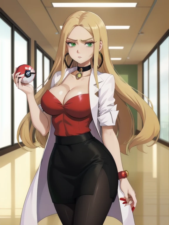 masterpiece, best quality, 1girl, solo, Oleana from Pokemon, long blonde hair, green irises, wearing a red shirt, with a hint of cleavage, in a black skirt and pantyhose. She has a white coat, well-done makeup, lipstick, and is styled in a pencil skirt. (holding a poke ball:1.3). (Determined expression:1.2), Completing her look is a choker and hoop earrings. (Background: Indoors, the hallways of a corporate office)
