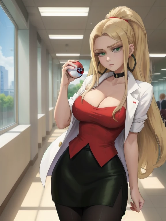 masterpiece, best quality, 1girl, solo, Oleana from Pokemon, long blonde hair, green irises, wearing a red shirt, with a hint of cleavage, in a black skirt and pantyhose. She has a white coat, well-done makeup, lipstick, and is styled in a pencil skirt. (holding a poke ball:1.3). (Determined expression:1.2), Completing her look is a choker and hoop earrings. (Background: Indoors, the hallways of a corporate office)
