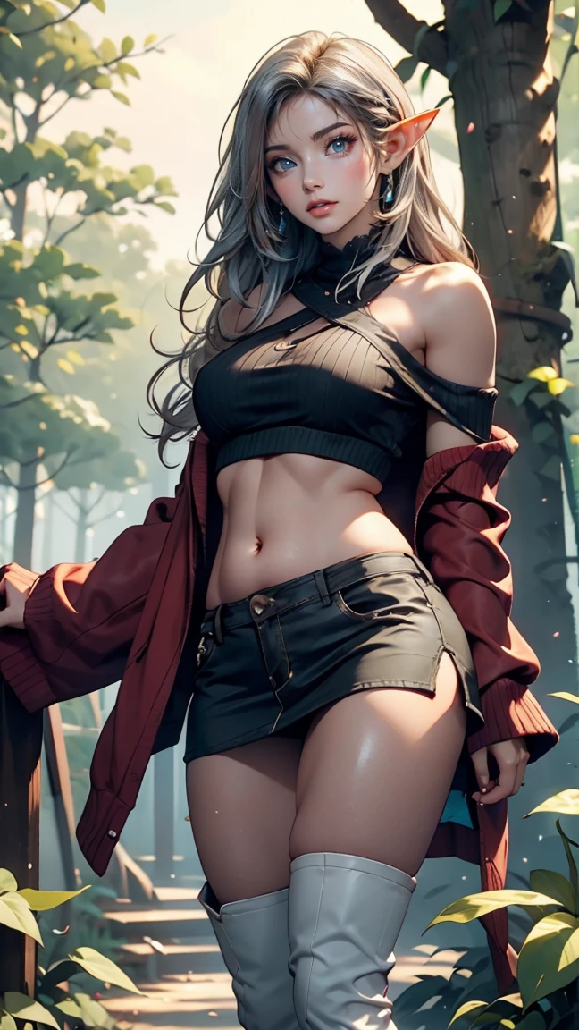 24 year old elf woman、Wear a green one-shoulder top、Visible lower milk、I can see my belly button、toned body、narrow waisted、Wear a miniskirt、Wear long boots、sexly、ombre、rot、long hair、silver hair、Being in the forest
