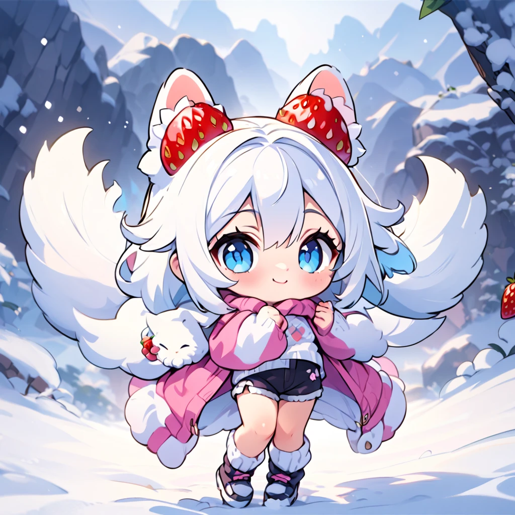 *8k Masterpiece, Top Quality, Best Quality, Official Art, (Beauty and Aesthetics: 1.3), Extremely Detailed, (Fractal Art: 1.3), cute soft smile. leg warmers with big shoes. white hair. Floppy cat ears that are on the side of her head. blue eyes. fluffy tail. naughty chibi. sweater dropped to shoulders. black short shorts. snowy background with strawberries and sakuras. open sweater