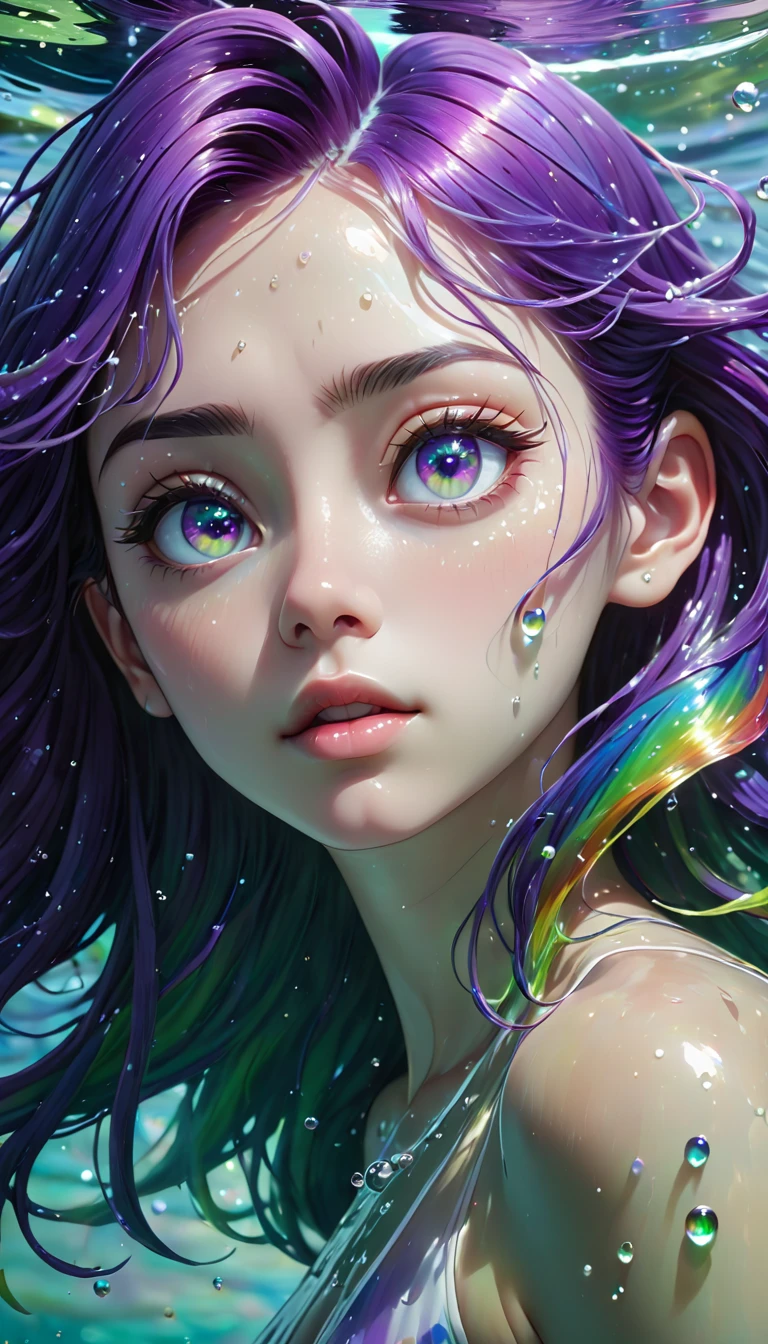 Girl swimming underwater,Ultra-detailed rendering style,Shine,,green,Brush,Surreal oil painting,Shine目,Head close-up,Exaggerated perspective,Tyndall effect,Water Drop,Mother of pearl rainbow color,holographic white,Black background,Purple Eyes,Stars in your eyesがある、Purple Hair,Stars in your eyes、Stars in my eyes