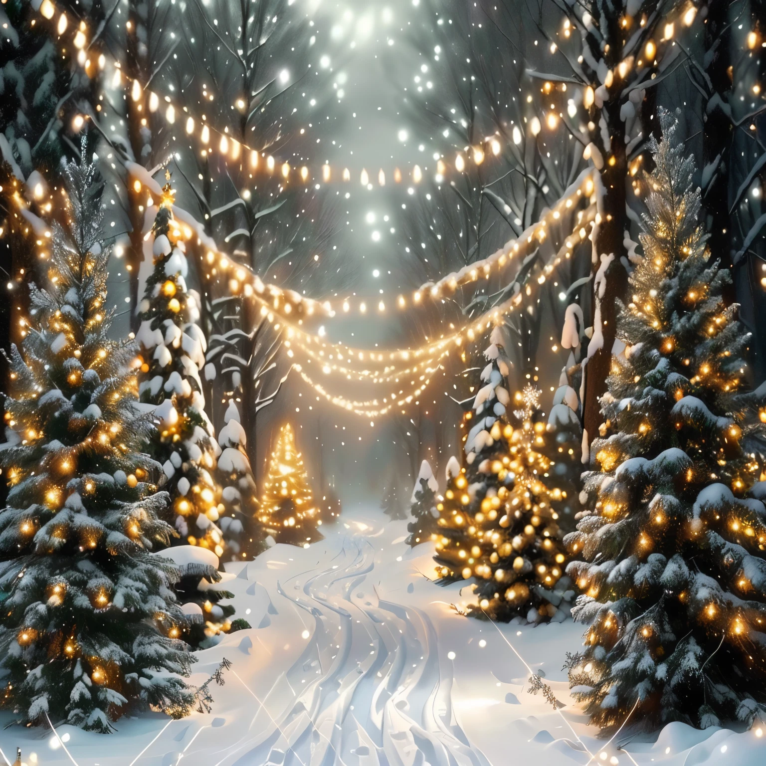 Create a winter wonderland scene set in a snowy forest, with snow-covered evergreen trees decorated with twinkling Christmas lights. Add strings of warm, glowing lights hanging above, creating a magical pathway through the forest. Use soft, diffused lighting to enhance the enchanting atmosphere, and ensure the scene feels cozy and festive despite the cold setting.
