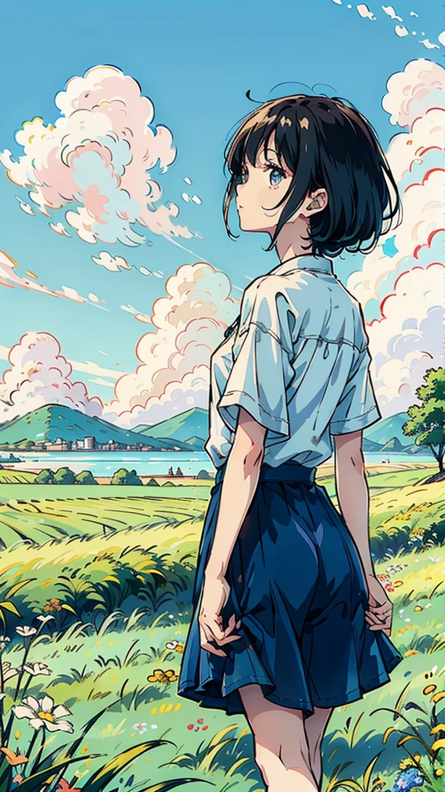 A wide, vibrant landscape featuring a bright blue sky with fluffy white clouds. Two anime-style characters, a boy and a girl, stand in a lush green field. The characters are wearing casual summer clothing and facing away from the viewer, looking towards the expansive sky. The scene has a calm and peaceful atmosphere, with an emphasis on the vastness of nature and a serene, sunny day