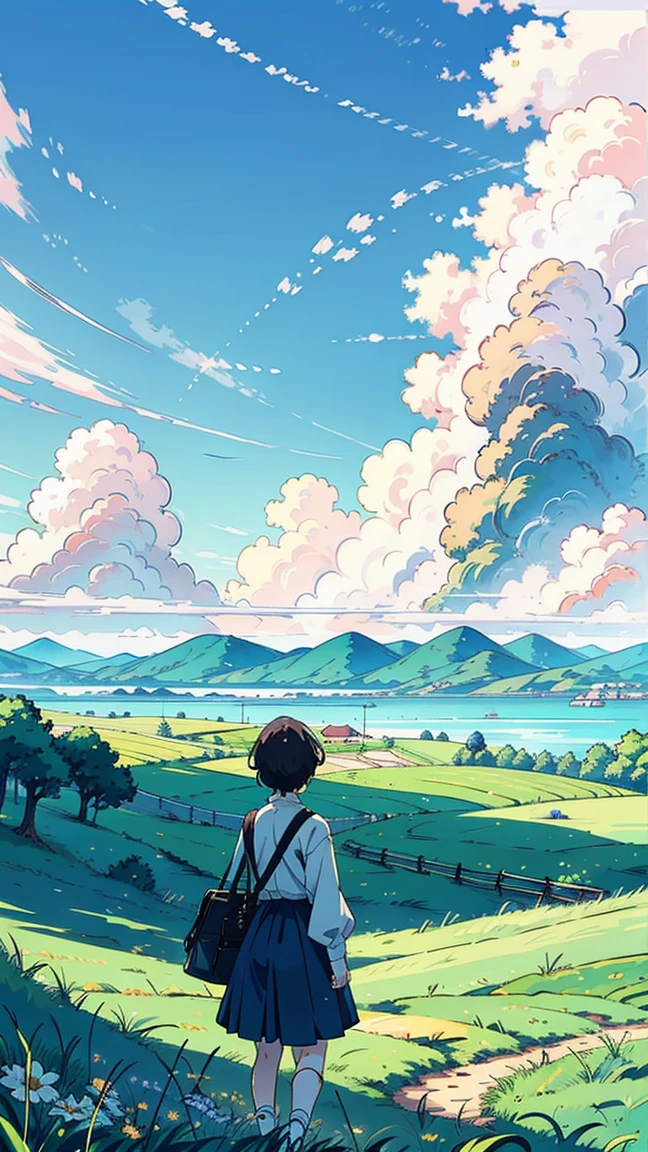 A wide, vibrant landscape featuring a bright blue sky with fluffy white clouds. Two anime-style characters, a boy and a girl, stand in a lush green field. The characters are wearing casual summer clothing and facing away from the viewer, looking towards the expansive sky. The scene has a calm and peaceful atmosphere, with an emphasis on the vastness of nature and a serene, sunny day