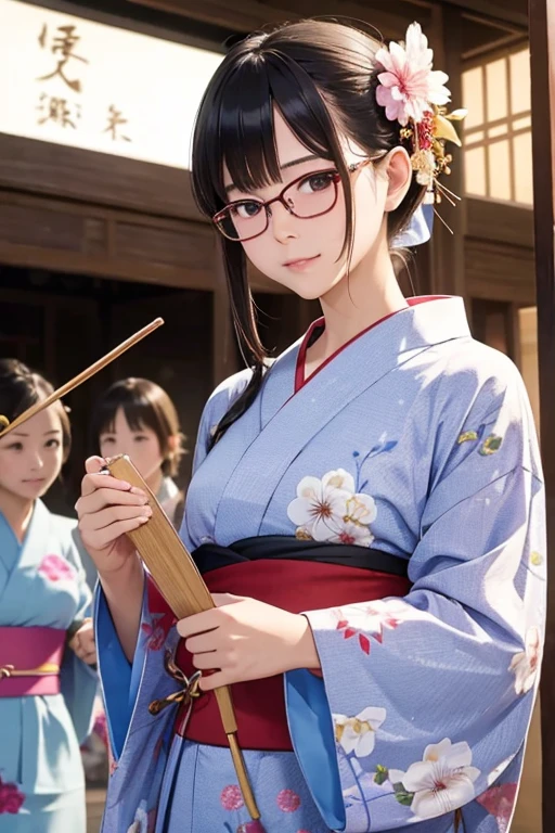 Highest quality、masterpiece、High sensitivity、High resolution、Detailed Description、Slender women、Glasses、In a yukata、Bon Odori Contest、