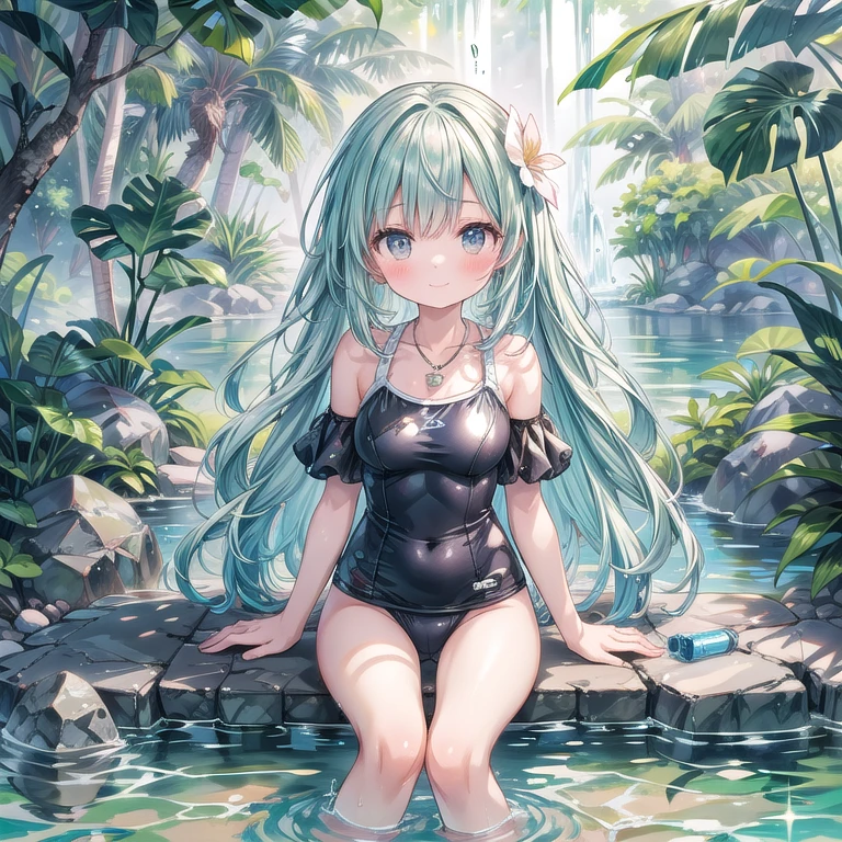 "Create a soft, dreamy watercolor-style illustration of an adorable girl wearing a trendy eco-friendly swimsuit, capturing the essence of environmental consciousness and summer harmony:
Character:
A charming young girl with large, expressive eyes that sparkle with kindness and joy.
Her hair is styled in natural, tousled curls with flowers woven through.
She has a sweet, serene smile that adds to her endearing presence.
Outfit:
The girl is wearing an eco-friendly swimsuit made from recycled materials, featuring a nature-inspired print with soft, earthy tones.
The swimsuit is a modest cut with short sleeves and boy-short bottoms, emphasizing comfort and practicality.
She accessorizes with a handmade shell necklace and a reusable water bottle.
Action:
The girl is captured sitting on a rocky outcrop by the sea, gently releasing a sea turtle hatchling into the water.
Floating around her are playful elements like butterflies, leaves, and sparkles of light reflecting off the water.
Setting:
The background is a whimsical, abstract representation of a pristine beach ecosystem, with soft, flowing brush strokes and natural colors that suggest harmony with nature.
Hints of coral reefs, diverse marine life, and lush coastal vegetation can be seen in the background.
Lighting and Effects:
The scene is bathed in a soft, early morning light, creating a serene and hopeful atmosphere.
Subtle watercolor textures and gentle color gradients enhance the natural, organic feel of the illustration.
Style:
The overall style combines soft watercolor techniques with elements of eco-conscious design and illustration.
Lines are fluid and organic, with edges blending softly into the background.
Emotional Touch:
The illustration should evoke a sense of environmental awareness, harmony with nature, and the pure joy of contributing to a sustainable future."