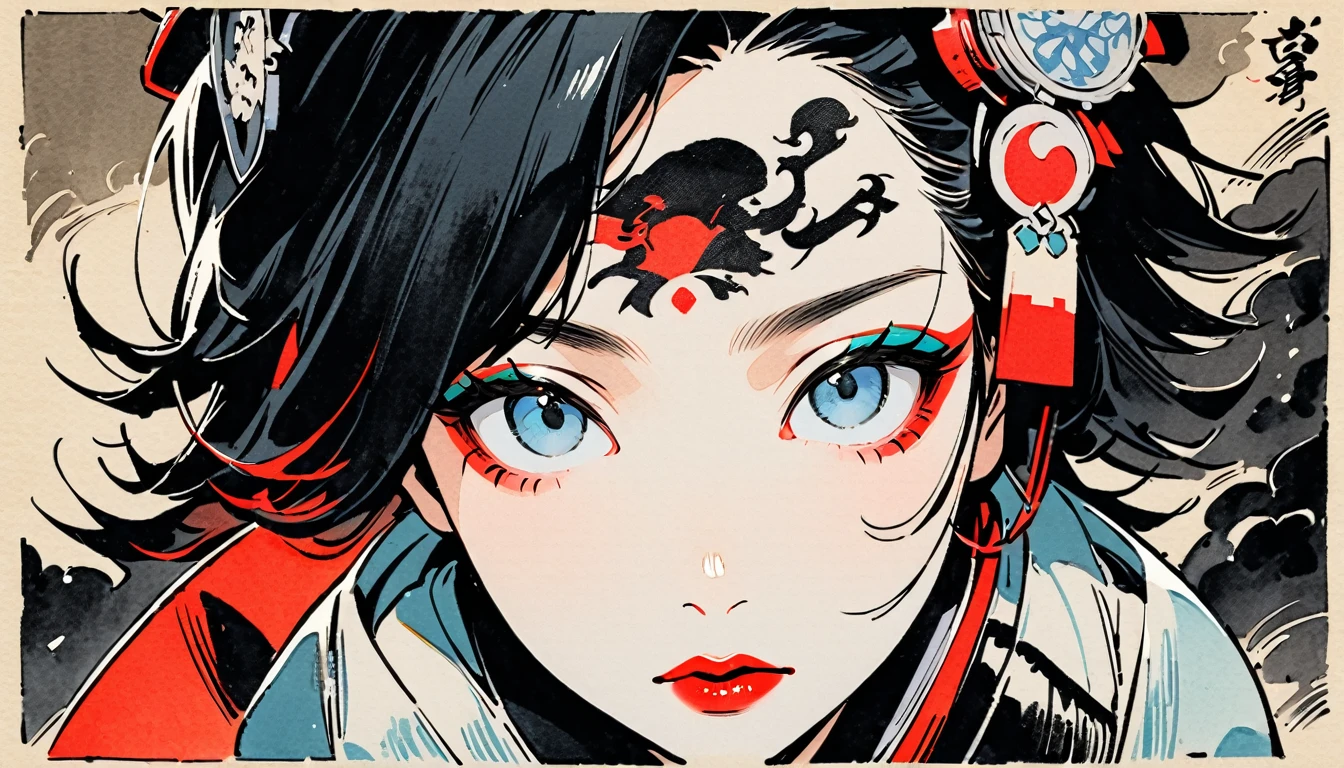 (((Ink Painting))), (((from above))), portrait color photos, (((1 girl))), (((Tattoo in the center of the forehead))), (((Very flashy hair accessories))), (((Very flashy makeup))), Japanese style headphones, devil, face close-up, Japan人の美少女, Black Hair, Delicate and precise, Modern ukiyo-e style,Japan, Japanese flag