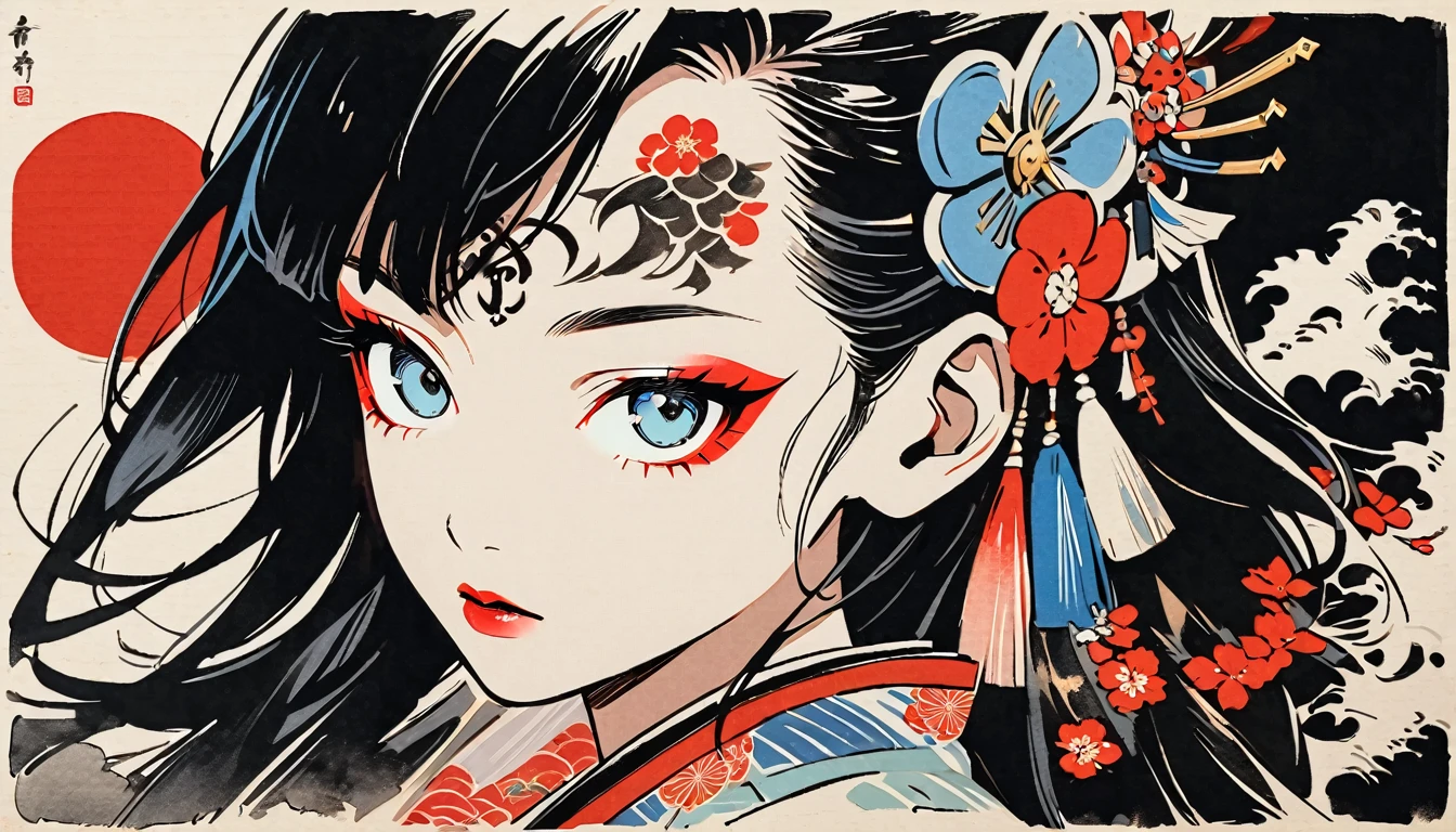 (((Ink Painting))), (((from above))), portrait color photos, (((1 girl))), (((Tattoo in the center of the forehead))), (((Very flashy hair accessories))), (((Very flashy makeup))), Japanese style headphones, devil, face close-up, Japan人の美少女, Black Hair, Delicate and precise, Modern ukiyo-e style,Japan, Japanese flag