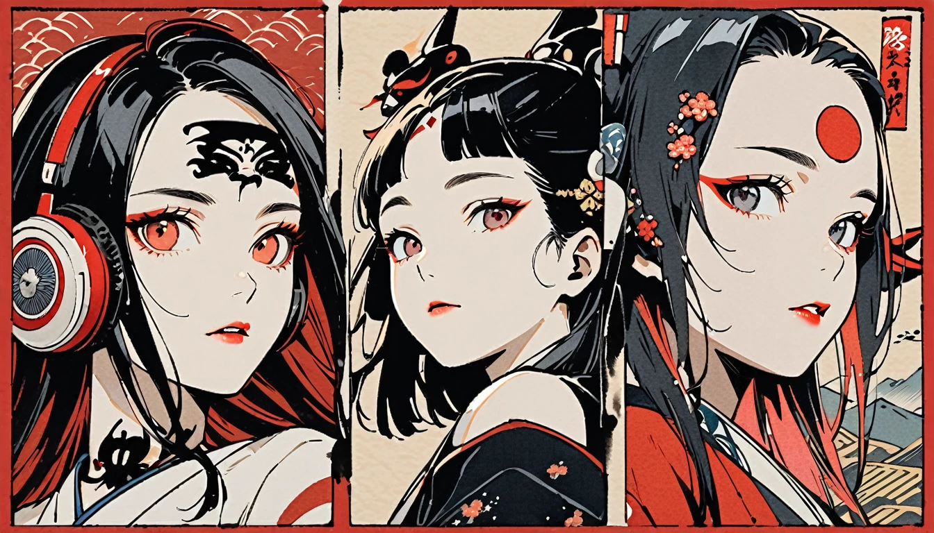 (((Ink Painting))), (((from below))), portrait color photos, (((1 girl))), (((Tattoo in the center of the forehead))), (((Very flashy hair accessories))), (((Very flashy makeup))), Japanese style headphones, devil, face close-up, Japan人の美少女, Black Hair, Delicate and precise, Modern ukiyo-e style,Japan, Japanese flag