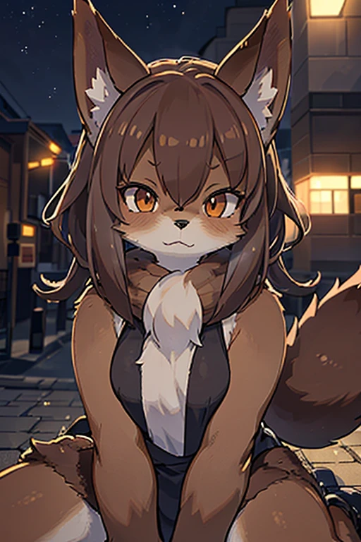 furry girl , Brown fur, angry face, Brown elements on fur, , beautiful lights and shadows, ambient light, ultra detailed fur, volumetric light,Shiba inu race Without clothes, fuzzy fur, Lying on the sidewalk, Brown tail,No hair around the neck, completely dark brown doge fur