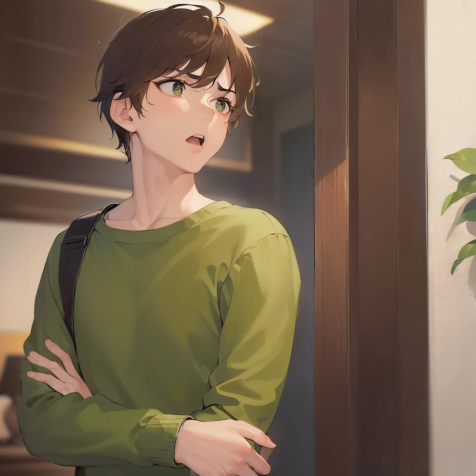 (looking away:1.5),upper body、Hands out in front、masterpiece、Highest quality、 BREAK (25-year-old male:1.5) and (Mahogany brown short hair) and (Green Eyes) BREAK,Black long sleeve shirt,confused,(open mouth:1.5), Background is bedroom at night