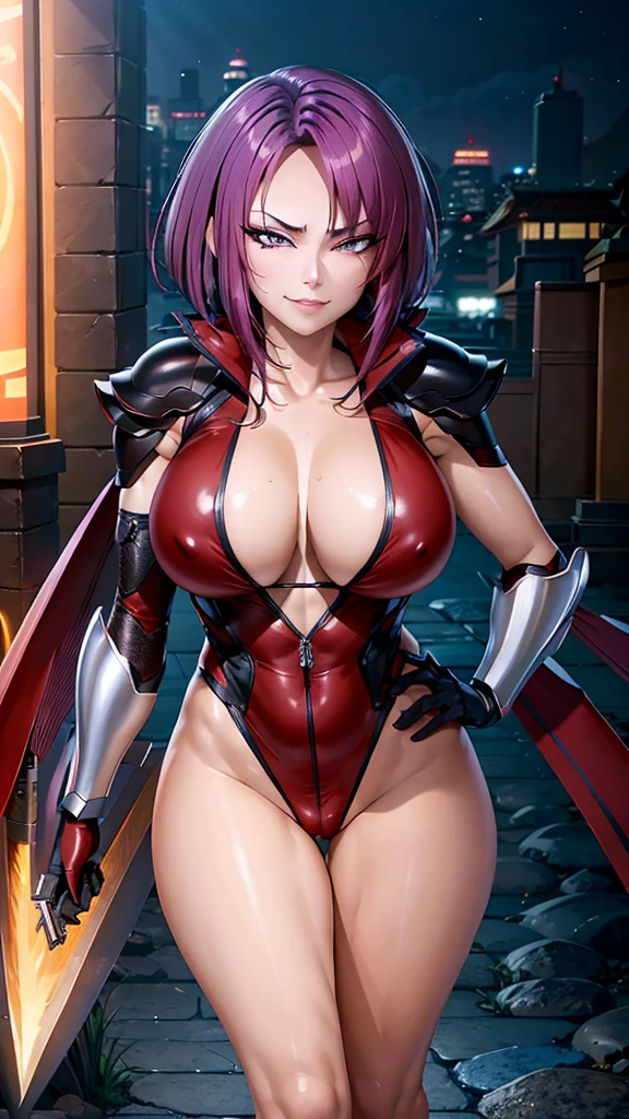 purple eyes, (best quality, masterpiece painting,:1.1), Oboro, female, full body shot, red bodysuit, armor gloves, Kuzuri, purple hair, short hair, huge breast(narrow t:1.1), cleavage, perfectathletic body:1.1), soft skin, anime face, perfect face, (perfect eyes:1.1), purple irises, anime eyes, smoky eyeliner, eyeshadow, asian, smirking, looking at viewer, night city background, neon lights, sharp focus, intricate details, professional artwork, (vibrant colors:1.1), vivid colors, Diffused lighting, digital blending, ultra detailed body, ultra detail hair, ultra detail face, trending on pixiv, by Kagami Hirotaka, Harue Koga,