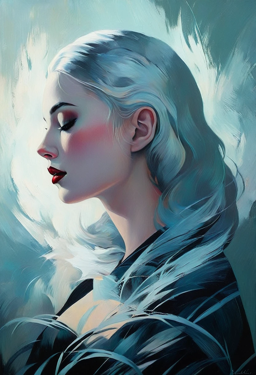 chiaroscuro technique on sensual illustration of an elegant woman, vintage beauty, eerie, very matte painting, by Hannah Dale, by Harumi Hironaka, extremely soft colors, vibrant, highly detailed, malcolm liepke painting, oil on canvas, high contrast, dramatic, refined, tonal, Create high contrast between light and shadow