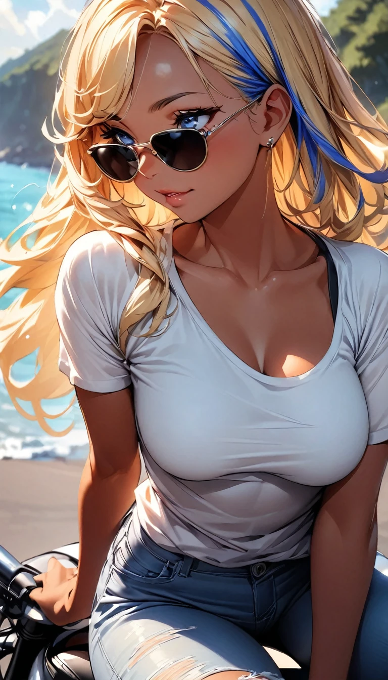 (highest quality:1.2, Very detailed, up to date, Vibrant, Ultra-high resolution, High Contrast, masterpiece:1.2, highest quality, Best aesthetics), Portraiture、girl、slim, Bright colors、Beautiful fine details、Beautiful lip detail、long hair, ((wavy hair:0.4))、messy hair, blonde and blue ((streaked hair:1.3)), highlights hair: 1.3, (medium breast:1), (tan skin:1.3), ((riding a motorcycle along a seaside road in summer:1)), t-shirt, jeans short pants, riding boots, (wearing sunglasses:1.5),