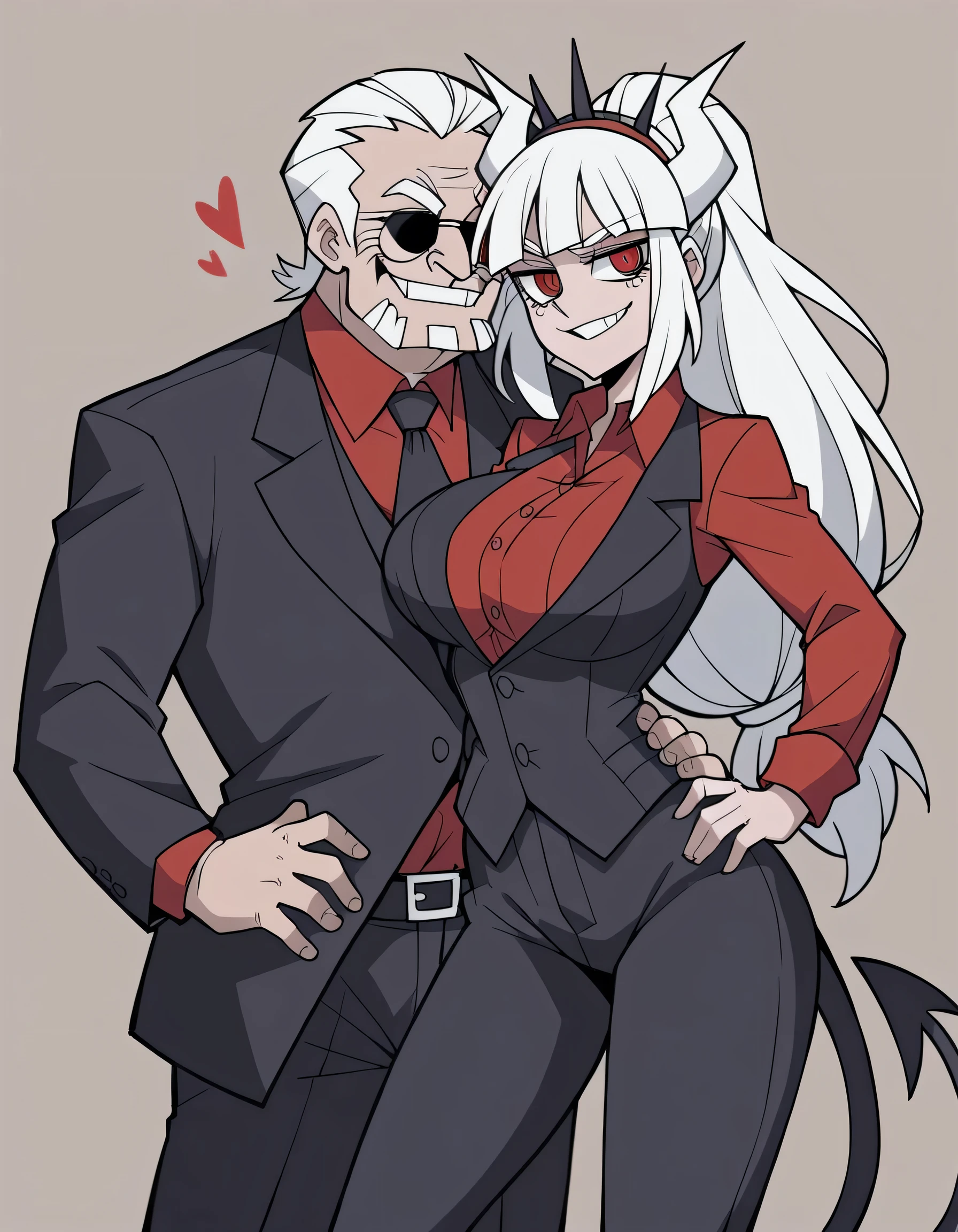 Masterpiece, best quality, Masterpiece, best quality, 1 woman , lucifer (helltaker) , long white hair , red eyes. , sly face , smile , black suit shirt , trousers , big breasts , , abdomen , Put your hands on your hips. , 1 man , old man , embrace