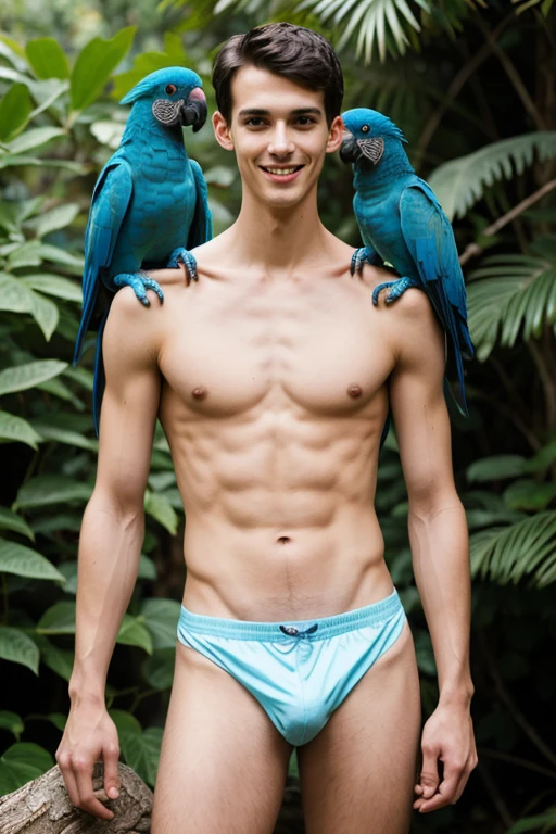 A young cute handsome skinny tall naked man with blue parrot
