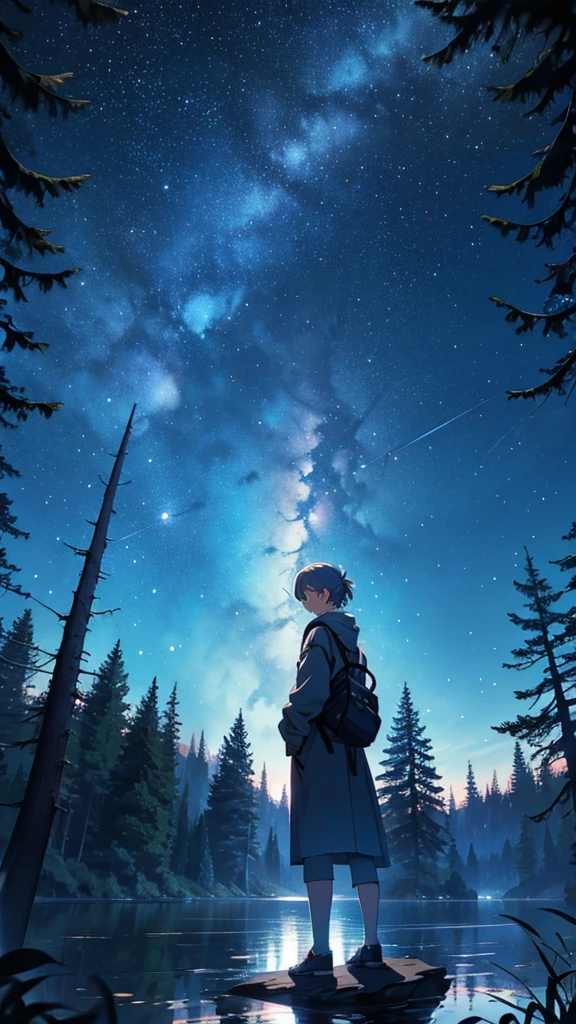 Anime style illustrations,A spectacular view of the starry sky, a lake in the forest, the upper half of the screen is the starry sky