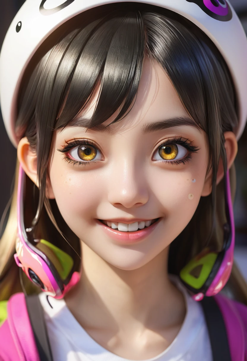 Realistic, masterpiece, Highest quality, Very detailed, Beautiful Shadows, anime、Situation Portrait、((splatoon girl))、Golden Eyes、blush、Smile with your mouth slightly open、cute, cute, oxgirl, ox&#39;ear, spot, cute pastel colors, spot on ears in pastel pink, Pastel blue rainbow hair, Hair Highlights, Maid Dream Maid, ((Japan Made Cafe Costume)), Adorable, Mature Woman, Big Breasts, Decora, Rich accessories, hairclipped, Decorations, hair ornaments, performer, heart, Sparkling, clipped, Twiser, Bell, カウBell, ((Pastel pink maid outfit)), Pastel pink sleeves, Yellow Details, Cat, Adorable, 