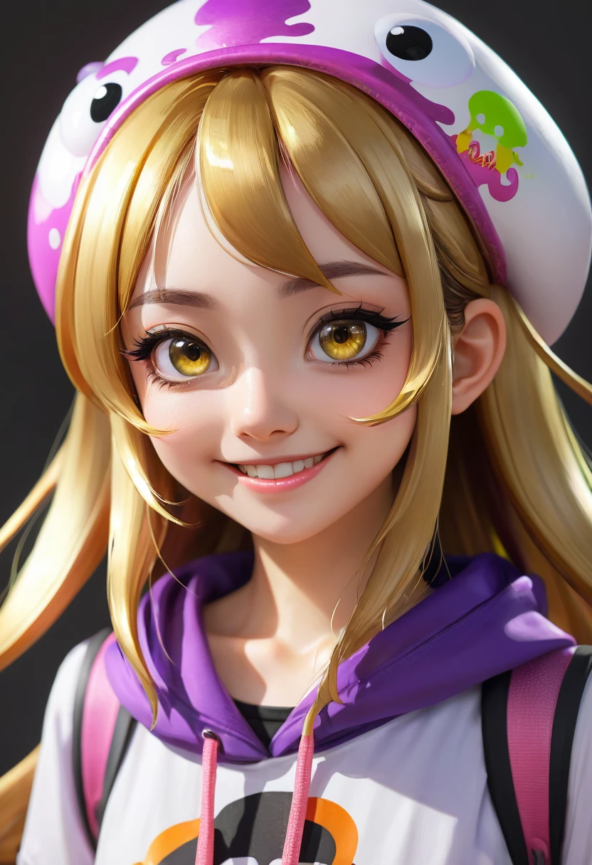 Realistic, masterpiece, Highest quality, Very detailed, Beautiful Shadows, anime、Situation Portrait、((splatoon girl))、Golden Eyes、blush、Smile with your mouth slightly open、cute, cute, oxgirl, ox'ear, spot, cute pastel colors, spot on ears in pastel pink, Pastel blue rainbow hair, Hair Highlights, Maid Dream Maid, ((Japan Made Cafe Costume)), Adorable, Mature Woman, Big Breasts, Decora, Rich accessories, hairclipped, Decorations, hair ornaments, performer, heart, Sparkling, clipped, Twiser, Bell, カウBell, ((Pastel pink maid outfit)), Pastel pink sleeves, Yellow Details, Cat, Adorable,