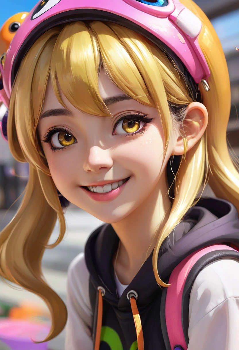 Realistic, masterpiece, Highest quality, Very detailed, Beautiful Shadows, anime、Situation Portrait、((splatoon girl))、Golden Eyes、blush、Smile with your mouth slightly open、cute, cute, oxgirl, ox&#39;ear, spot, cute pastel colors, spot on ears in pastel pink, Pastel blue rainbow hair, Hair Highlights, Maid Dream Maid, ((Japan Made Cafe Costume)), Adorable, Mature Woman, Big Breasts, Decora, Rich accessories, hairclipped, Decorations, hair ornaments, performer, heart, Sparkling, clipped, Twiser, Bell, カウBell, ((Pastel pink maid outfit)), Pastel pink sleeves, Yellow Details, Cat, Adorable, 